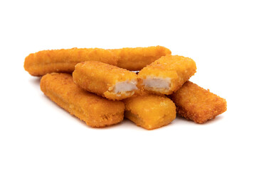 Tasty crispy fried fish sticks (fish fingers) on white background. Fast food concept.
