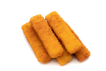 Tasty crispy fried fish sticks (fish fingers) on white background. Fast food concept.