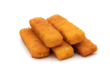Tasty crispy fried fish sticks (fish fingers) on white background. Fast food concept.