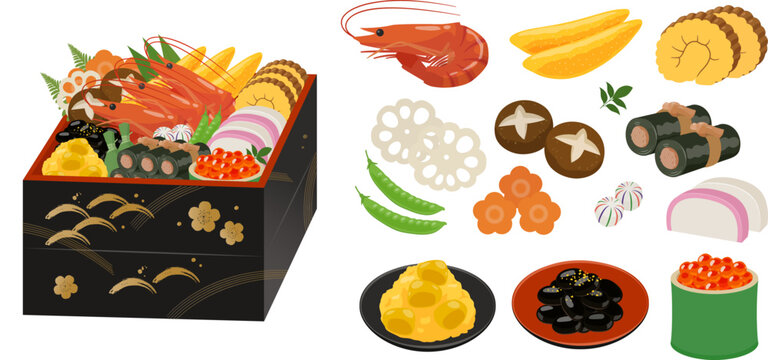 おせちと具材のセット_ベクターイラスト