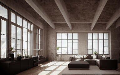 Living room interior in loft, industrial style, 3d render