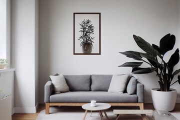 Grey armchair next to a wooden table in living room interior with plant and poster