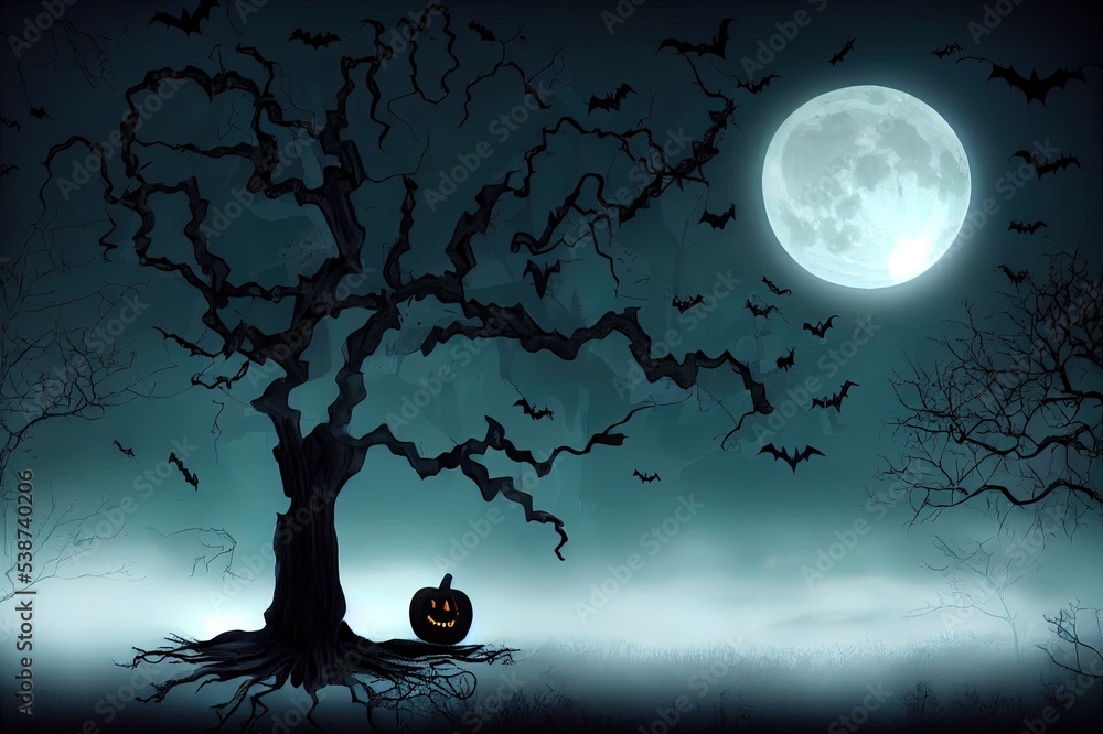 Wall mural Halloween design Spooky tree. Horror background with autumn valley with woods, spooky tree and full moon. Space for your Halloween holiday text.