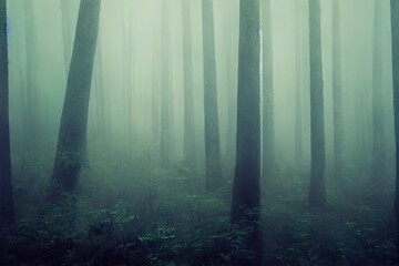 Obraz premium Misty forest with dense fog