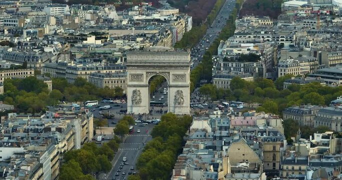 France, Paris Arc de Triomphe 4k quality shot, forward drone shot, aerial view cityscape aerial view