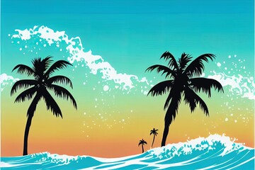 Fototapeta na wymiar summer design hand skull coconut tree finger holding beach surf board tshirt artwork 2d illustration