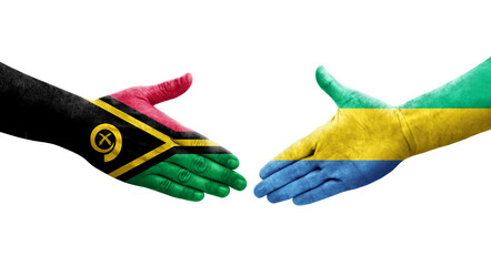 Handshake between Gabon and Vanuatu flags painted on hands, isolated transparent image.