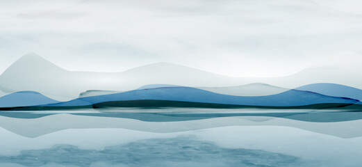 Fototapeta na wymiar Abstract watercolor art background with mountains on the lake in winter. Landscape banner in blue colors for wallpaper, decor, print, packaging, interior design.