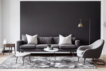 Stylish scandinavian home interior of living room with design gray sofa, armchair, marble stool, black coffee table, modern paintings, decoration, plant and elegant personal accessories in home decor.