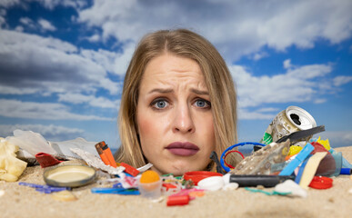 Woman buried in sand on beach with rubbish