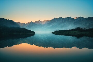 Lake in the mountains at dawn. Mountain lake at dawn. Sunrise over mountain lake. Lake in mountains at dawn