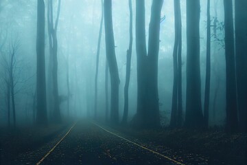 Fototapeta premium Blue toned mysterious road through forest among high trees. Footpath in the dark, foggy, autumnal, misty forest.