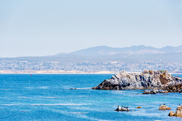 Monterey Bay, California with mountain and ocean