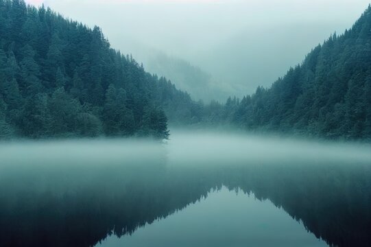 Fast creek flows between trees and flows into mountain lake. Gloomy misty landscape with highland lake and dark forest among low clouds. Alpine atmospheric scenery with conifer forest in dense fog.