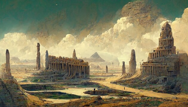 Ancient Sumerian city of Eridu, early city in southern Mesopotamia, close to the Persian Gulf near the mouth of the Euphrates River, illustration