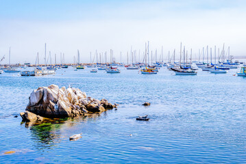 Monterey Bay, California with sailboats in ocean