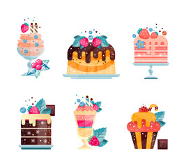 Sweet Dessert Like Cake, Cupcake and Ice Cream with Berry Topping Flat Vector Set