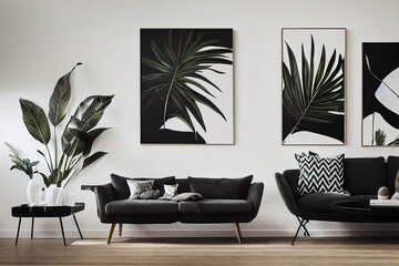 Modern design home interior of living room with wooden commode, design black armchair, tropical leafs and elegant accessories. Stylish home decor. Mock up abstract paintings on the wall. Template.