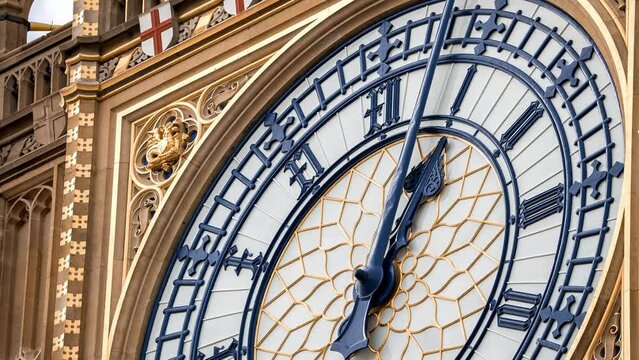 Close up view of the Big Ben time lapse video. Clock face of Elizabeth Tower in Westminster, London, UK. Arrow moving through time.