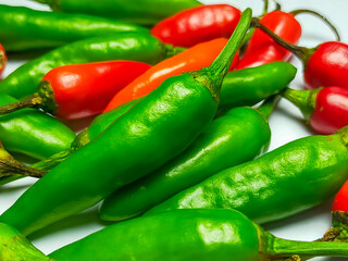 Mixed chilli pile
isolated on a white background. Mixed chili background.