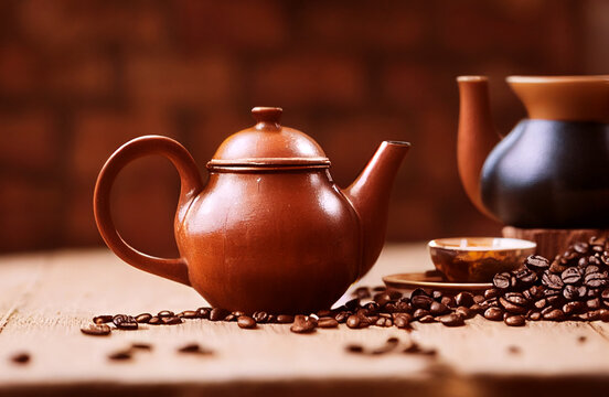 Tetera vintage con granos de caf&eacute;