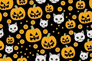 Fototapeta premium halloween seamless pattern with colored skulls and black cat, background scary or festive elements, flat design