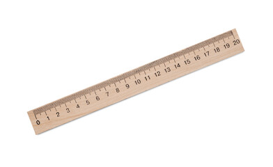 Wooden ruler with measuring length markings in centimeters isolated on white, top view