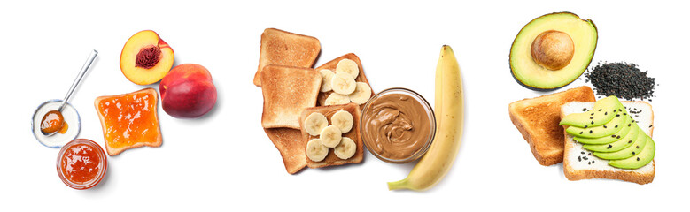Set of different toasts on white background. Banner design