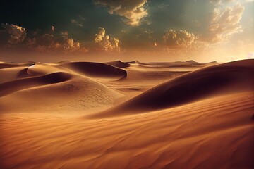 Fototapeta na wymiar Fantasy desert landscape, sandstorm, sands, dunes. Empty desert landscape, dramatic sky clouds with sand, disaster. 3D illustration.