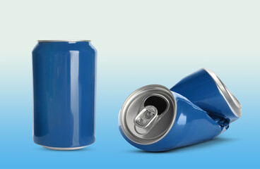 Whole and crumpled aluminum cans on color background