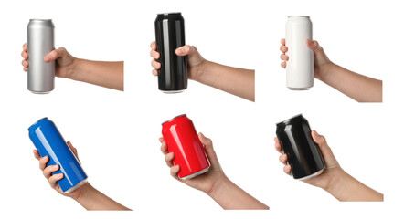 Collage with photos of women holding different cans with beverages on white background, closeup....
