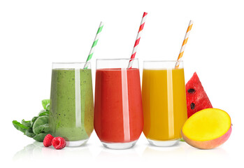 Different delicious smoothies in glasses on white background