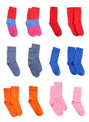 Set with pairs of different color socks on white background, top view