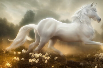 Naklejka na ściany i meble A beautiful white unicorn in a magical forest. Realistic white unicorn. 3d illustration 