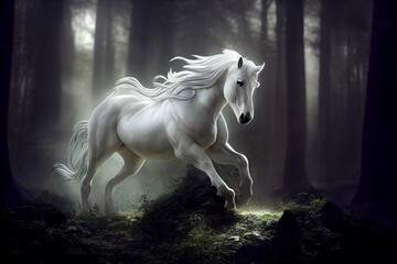Obraz na płótnie Canvas A beautiful white unicorn in a magical forest. Realistic white unicorn. 3d illustration 