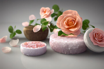 Fototapeta na wymiar Sea salt, rose aroma oil and soap bar, rose petals. SPA treatment set, Spa concept. 