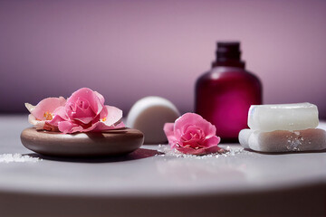 Obraz na płótnie Canvas Sea salt, rose aroma oil and soap bar, rose petals. SPA treatment set, Spa concept. 