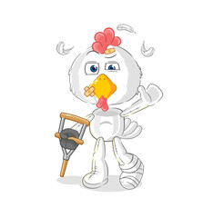 chicken sick with limping stick. cartoon mascot vector
