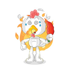 chicken eat hot chilie mascot. cartoon vector