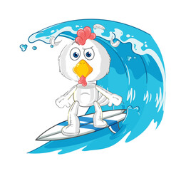 chicken surfing character. cartoon mascot vector