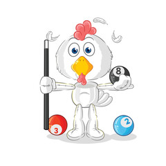 chicken plays billiard character. cartoon mascot vector
