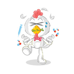 chicken drug overdose. cartoon illustration