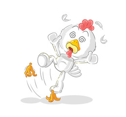 chicken slipped on banana. cartoon mascot vector