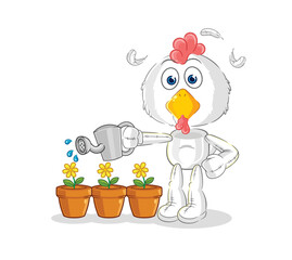 chicken watering the flowers mascot. cartoon vector