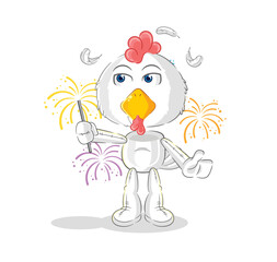chicken with fireworks mascot. cartoon vector