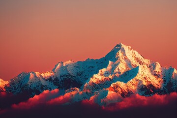 A mountain peak in the rays of the setting sun. Mountain peak snow in evening light. Mountain peak at sunset. Mountain scene