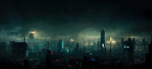 A digital illustration showing a futuristic cityscape of towering skyscrapers and dense smog with a retro cyberpunk ambience. 