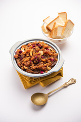 bread halwa also called halva, sheera, pudding or suji is an instant sweet dish from India