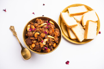 bread halwa also called halva, sheera, pudding or suji is an instant sweet dish from India