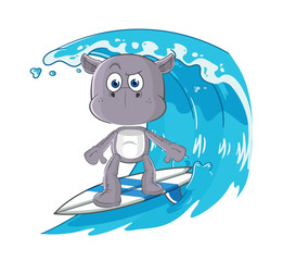 hippopotamus surfing character. cartoon mascot vector